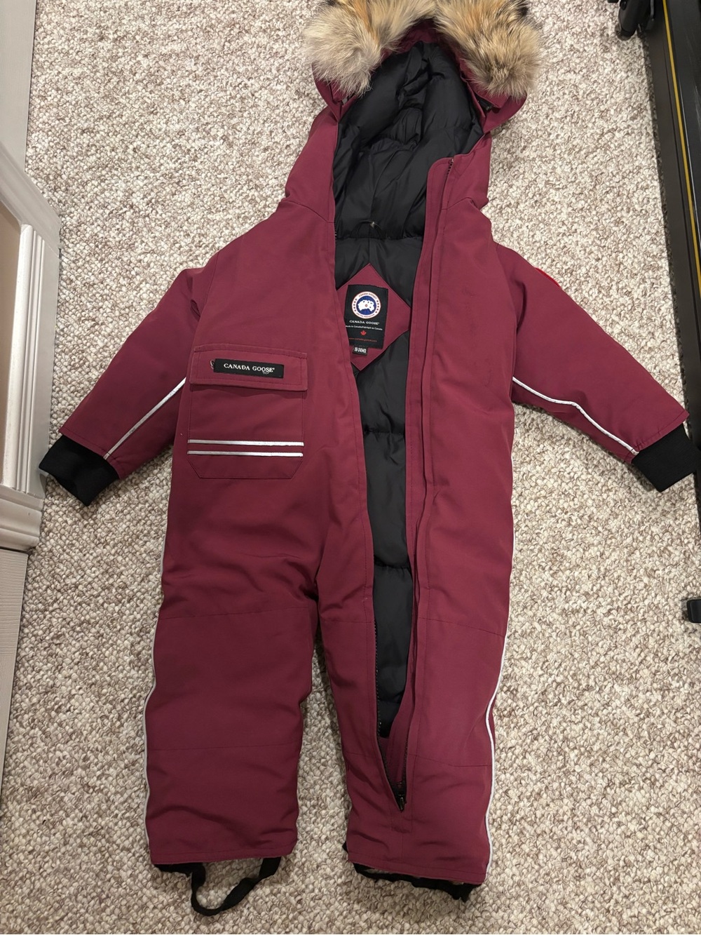 Canada Goose Burgundy Kids One-Piece Snowsuit with Fur-Trim Hood